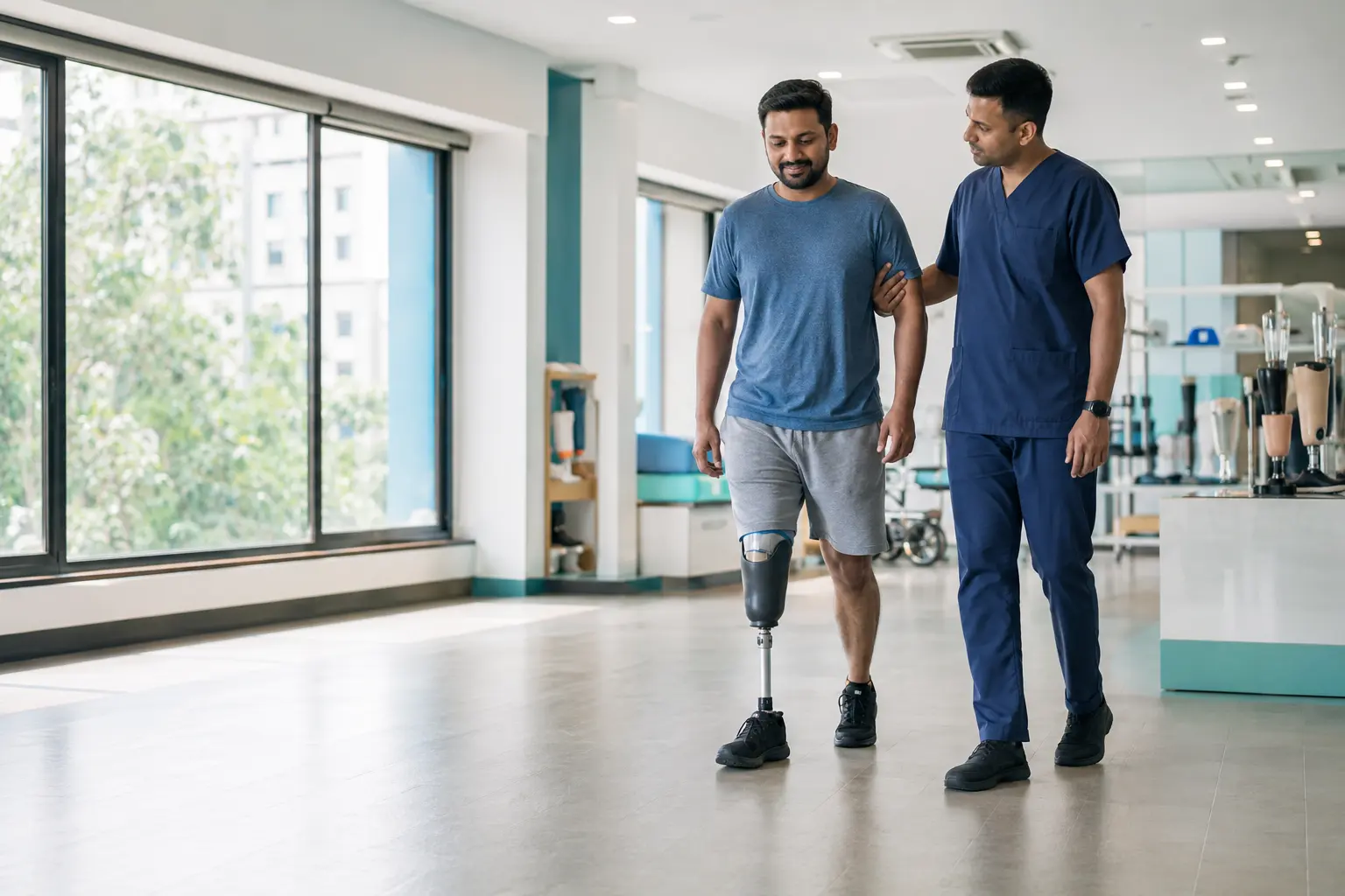 Prosthetist supporting an artificial-leg user during gait training at Ampucure in Kolkata