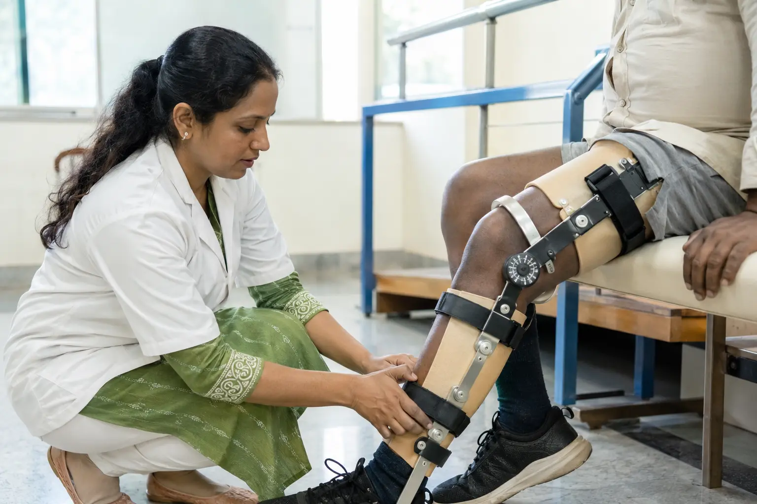 Orthotist checking the alignment of a custom KAFO brace
