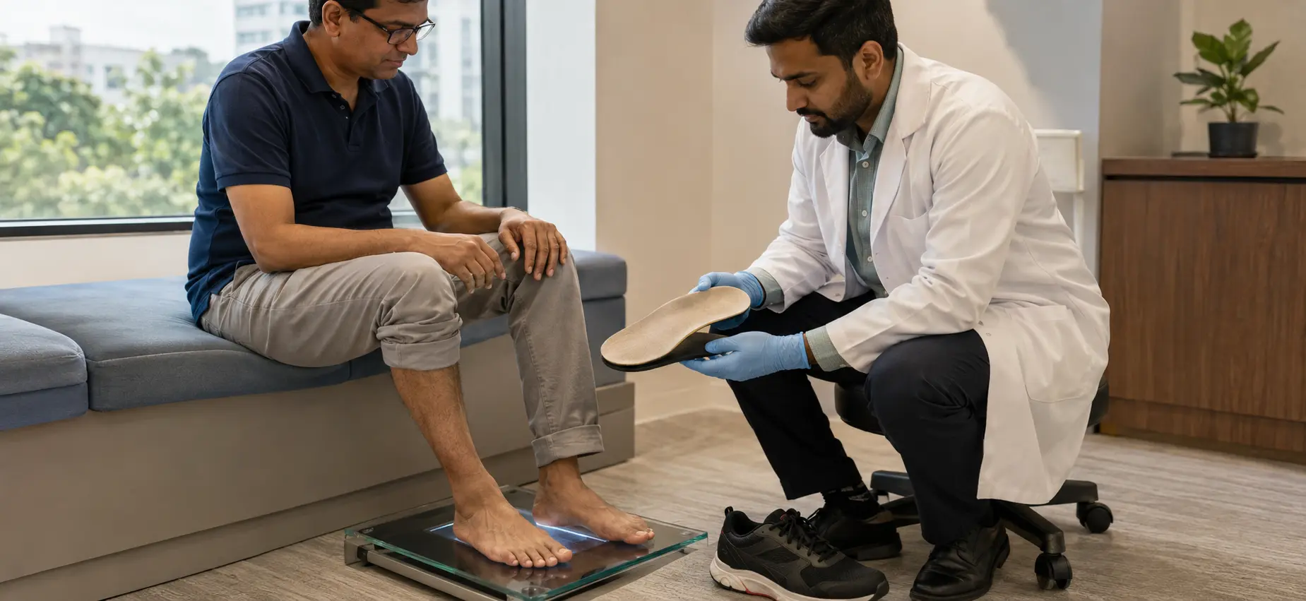 Orthotist assessing foot posture and a custom arch-support insole