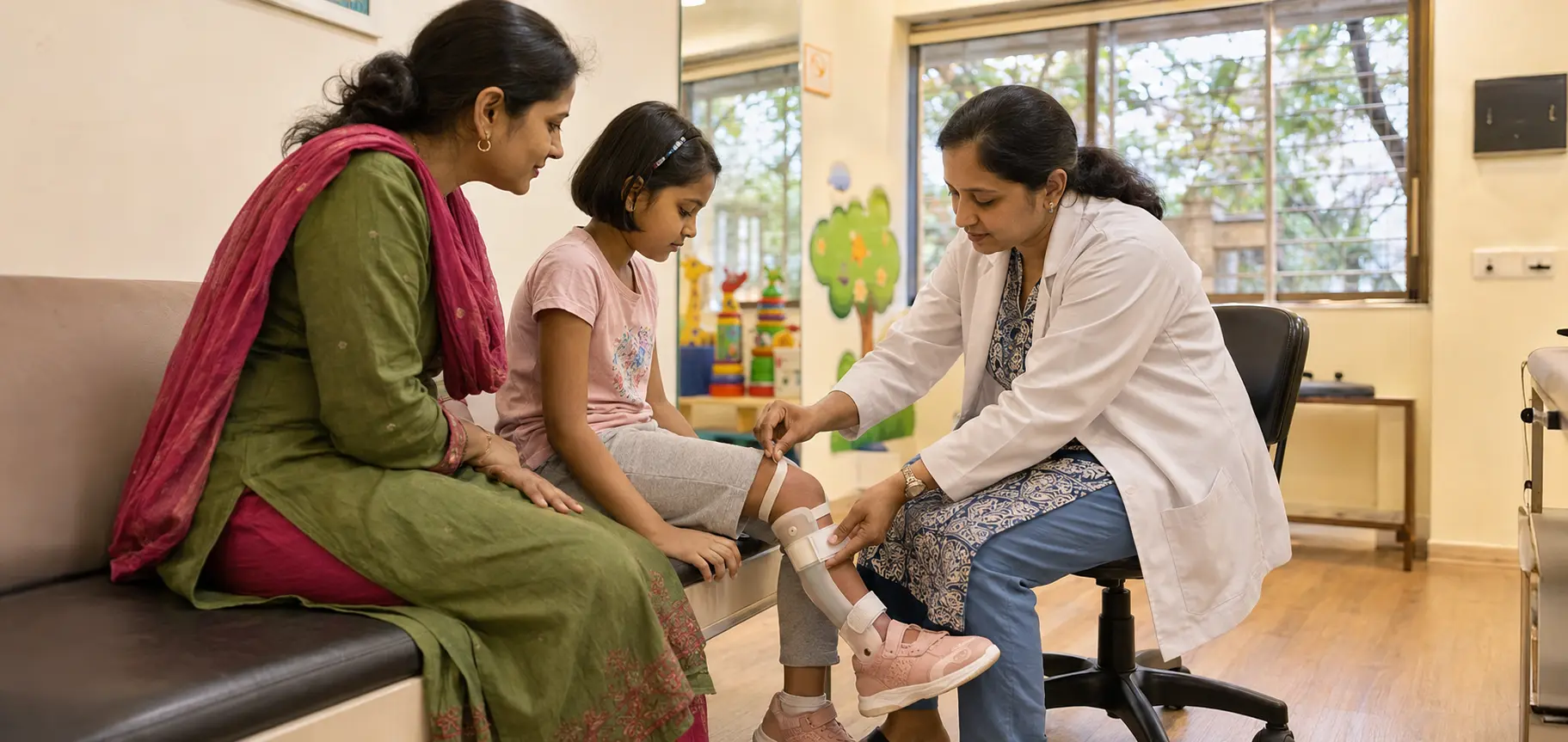 Orthotist fitting a paediatric AFO brace with a parent present