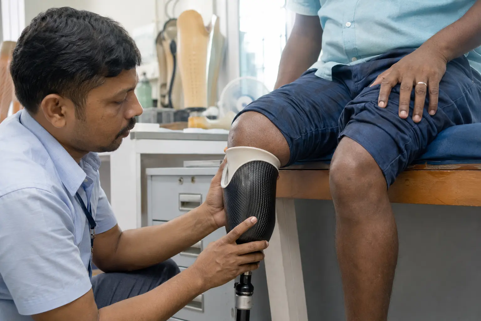 Prosthetist carefully fitting a custom lower-limb prosthetic socket