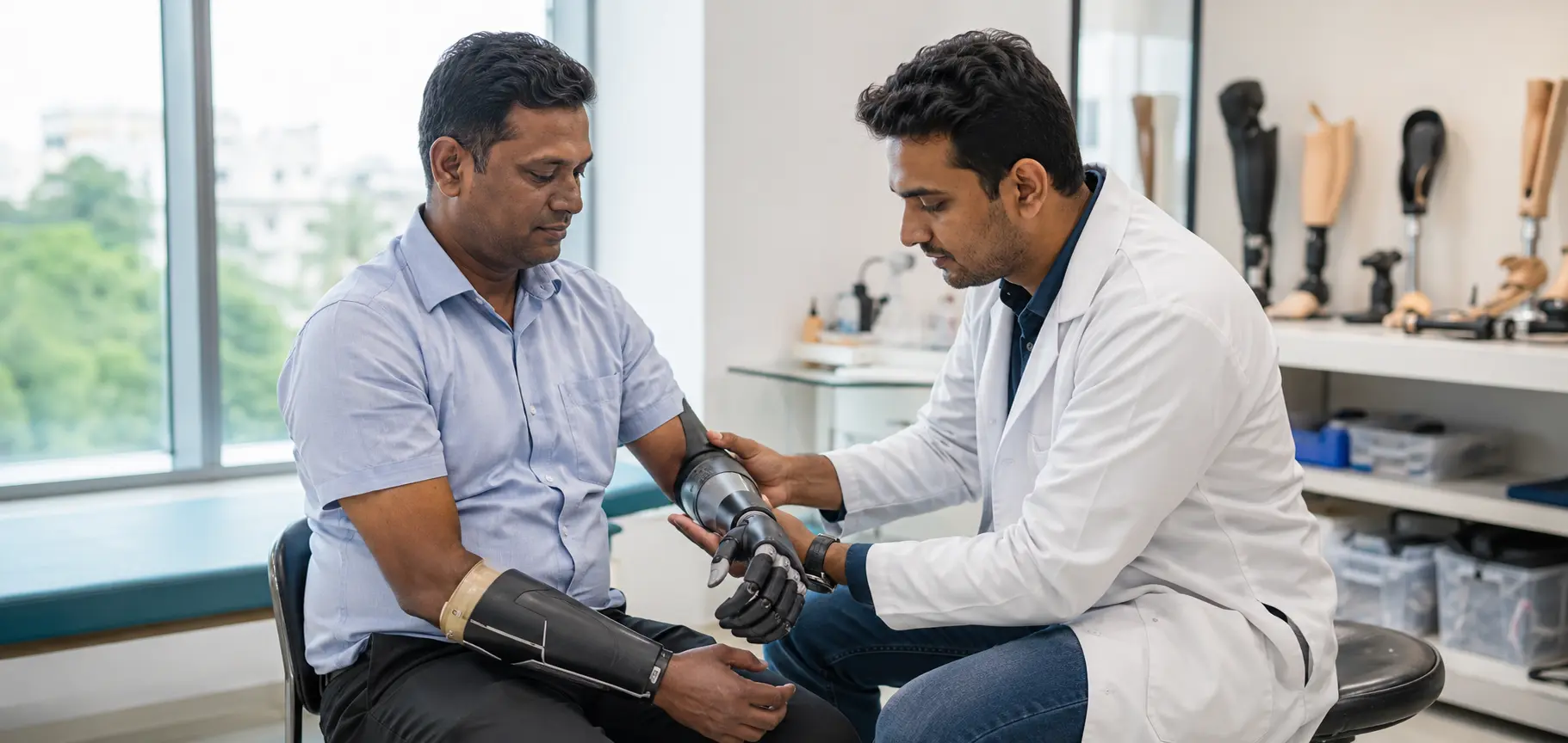 Prosthetist adjusting a functional upper-limb prosthetic hand for an adult patient